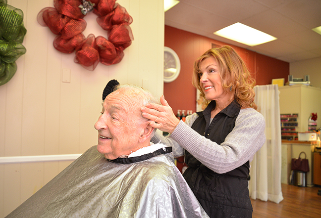 Lois and Preston Atwood get ready for Lois’ 94th birthday party with
				the help of their hairstylist LuAnn Dutra in East Providence, R.I.